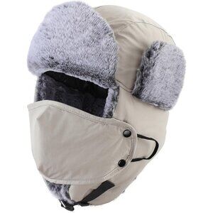 Men's Light Grey Trapper Hat Faux Fur Trooper Hunting Cap with Face Mask